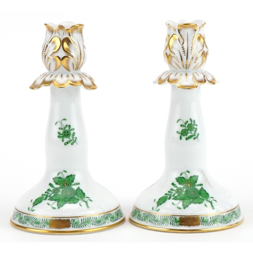 129 - Herend, pair of Hungarian hand painted porcelain candlesticks hand painted in the  Chinese bouquet p... 