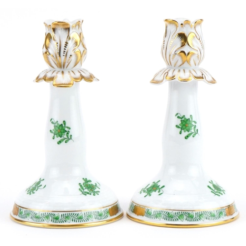 129 - Herend, pair of Hungarian hand painted porcelain candlesticks hand painted in the  Chinese bouquet p... 