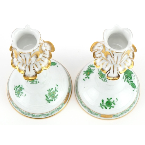 129 - Herend, pair of Hungarian hand painted porcelain candlesticks hand painted in the  Chinese bouquet p... 