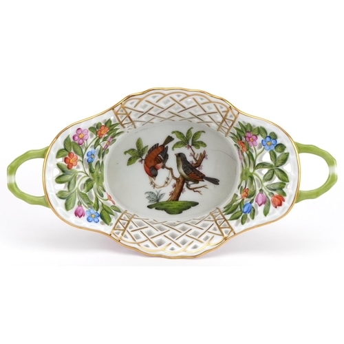 130 - Herend, Hungarian porcelain pierced twin handled basket hand painted in the Rothschild Bird pattern,... 