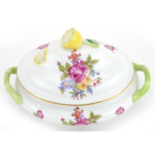 131 - Herend, Hungarian hand painted porcelain sauce tureen and cover with twin handles hand painted with ... 