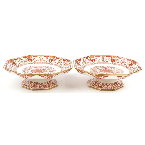 1475 - Pair of Minton comports decorated with flowers having octagonal dishes, each 23.5cm in diameter