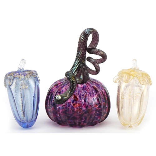 426 - Two Murano glass vegetables and an iridescent glass vegetable, the largest 14cm high