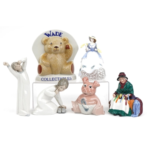 1299 - Six collectable figures including Royal Doulton Silks & Ribbons HN2016, two Lladro and Wade Collecta... 