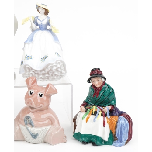 1299 - Six collectable figures including Royal Doulton Silks & Ribbons HN2016, two Lladro and Wade Collecta... 