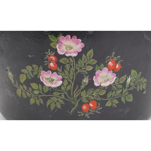 1556 - 19th century style Toleware hanging spouted pan hand painted with flowers, inscribed Theo 91 to the ... 