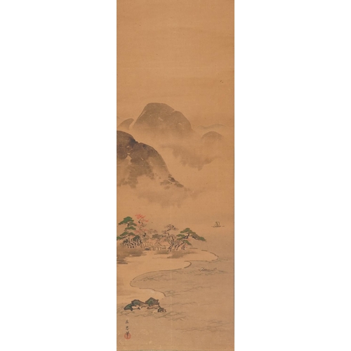 1474 - River landscape, Chinese watercolour wall hanging scroll signed with character mark and red seal mar... 