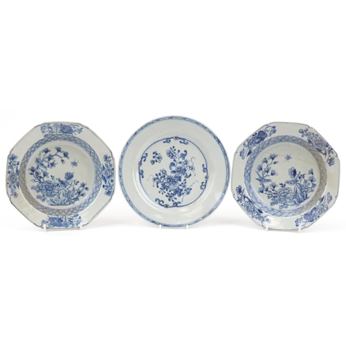 1776 - Two Chinese blue and white porcelain soup bowls and a plate, each hand painted with flowers, the lar... 