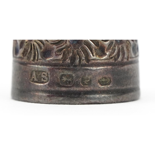 1618 - Engine turned silver christening bracelet and silver thimble housed in a fitted leather case, the ch... 