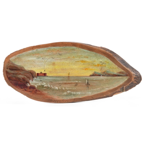 1465 - American interest orange wood cross section hand painted with Golden Gate, San Francisco, 24cm wide