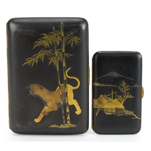 466 - Two Japanese damascene Komai style cigarette cases including one inlaid with a mountain lion, charac... 