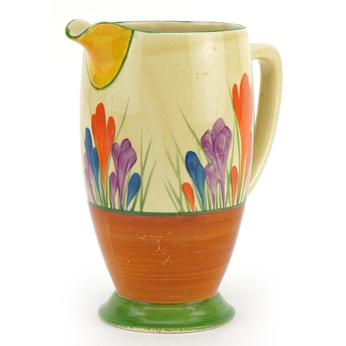 Clarice Cliff, Art Deco jug hand painted in the Crocus pattern, 20cm high