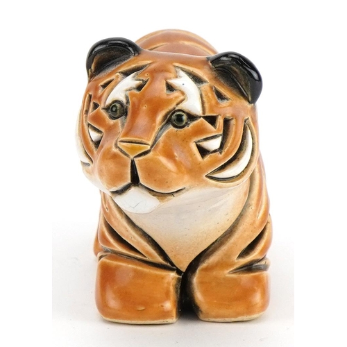 1298 - Mid century style stylised pottery tiger, incised marks to the base, 13.5cm in length