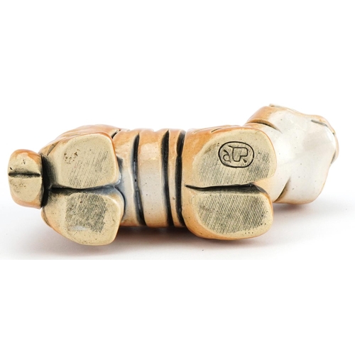 1298 - Mid century style stylised pottery tiger, incised marks to the base, 13.5cm in length