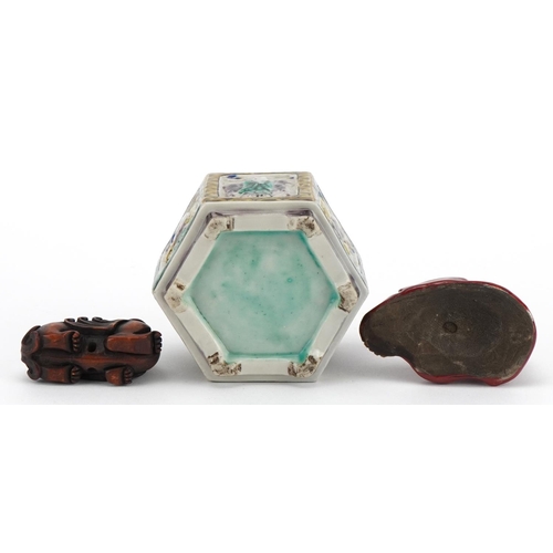 464 - Japanese sundry items including a porcelain incense burner and cover and a box with netsuke with a m... 