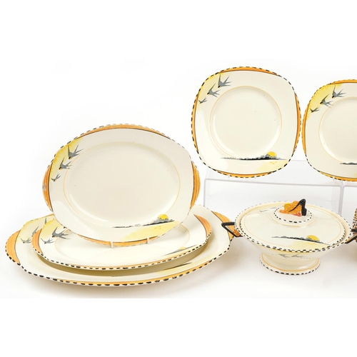 1306 - Burleigh Ware, Art Deco Sunray pattern dinnerware including graduated set of three meat platters and... 