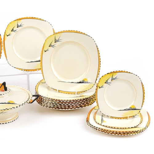 1306 - Burleigh Ware, Art Deco Sunray pattern dinnerware including graduated set of three meat platters and... 