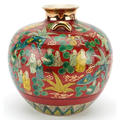 1530 - Japanese Kutani porcelain vase with twin handles decorated with elders in a landscape, 23cm high