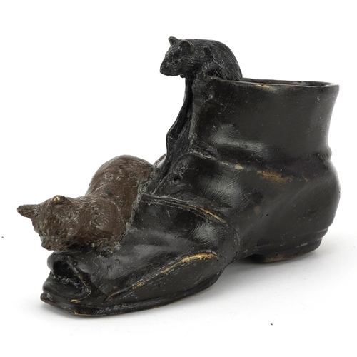 1463 - Patinated bronze spill vase in the form of a cat and a rat with shoe, impressed Geschutzt to the bas... 