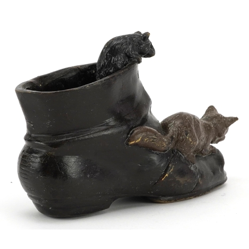 1463 - Patinated bronze spill vase in the form of a cat and a rat with shoe, impressed Geschutzt to the bas... 