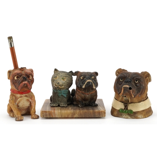 Cold painted Bulldogs including inkwell and pencil holder, the largest 11cm wide