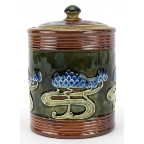 43 - Royal Doulton, Art Nouveau stoneware tobacco jar and cover hand painted with stylised flowers, 15cm ... 