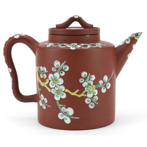 372 - Chinese Yixing terracotta teapot enamelled with flowers, incised character marks to the base, 18.5cm... 