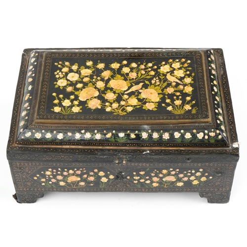 502 - Turkish Islamic Ottoman papier mache writing box hand painted with birds amongst flowers having hing... 