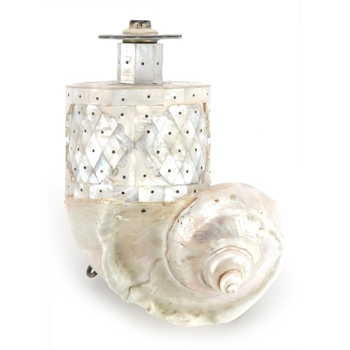 499 - Indian Goa mother of pearl powder flask with metal mounts formed of pinned sections, 18cm high