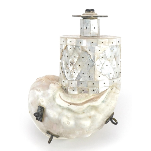 499 - Indian Goa mother of pearl powder flask with metal mounts formed of pinned sections, 18cm high