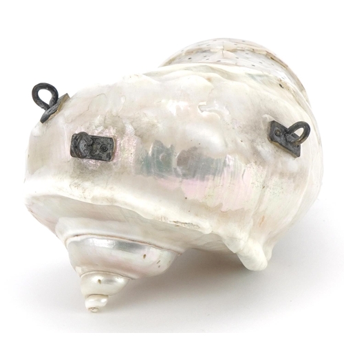 499 - Indian Goa mother of pearl powder flask with metal mounts formed of pinned sections, 18cm high