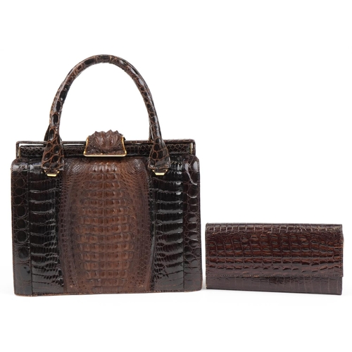 Vintage taxidermy interest crocodile skin ladies handbag with clutch bag and gilt brass mounts, 27.5cm wide