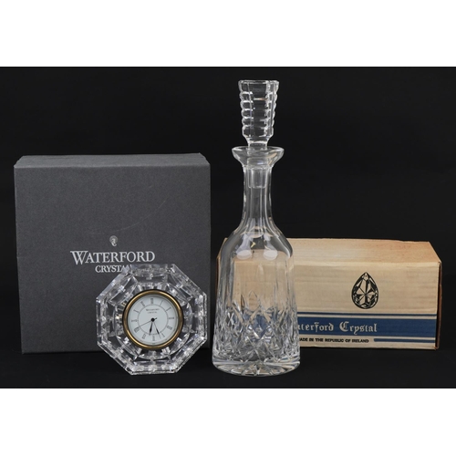 1295 - Waterford Crystal mantle clock and decanter with boxes, the largest 25.5cm high