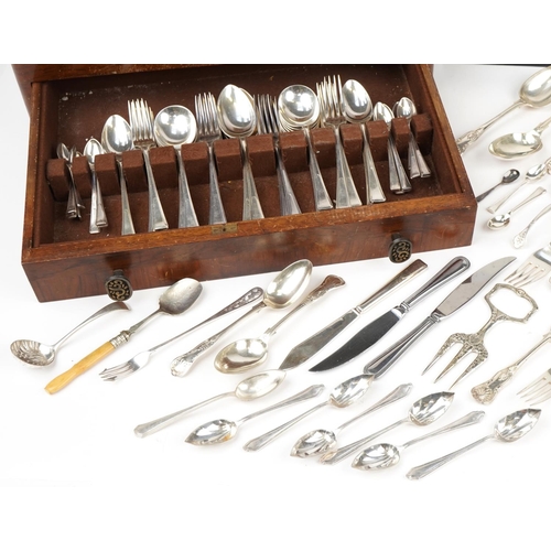 1815 - Collection of silver plated flatware including James Ryals arranged in an Art Deco burr walnut cante... 