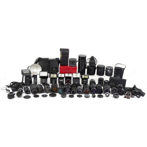 1358 - Collection of vintage and later camera lenses and accessories including Sigma, Olympus and Canon