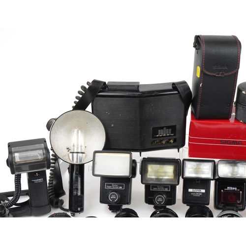 1358 - Collection of vintage and later camera lenses and accessories including Sigma, Olympus and Canon