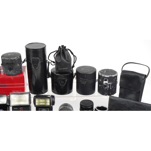 1358 - Collection of vintage and later camera lenses and accessories including Sigma, Olympus and Canon