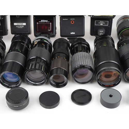 1358 - Collection of vintage and later camera lenses and accessories including Sigma, Olympus and Canon