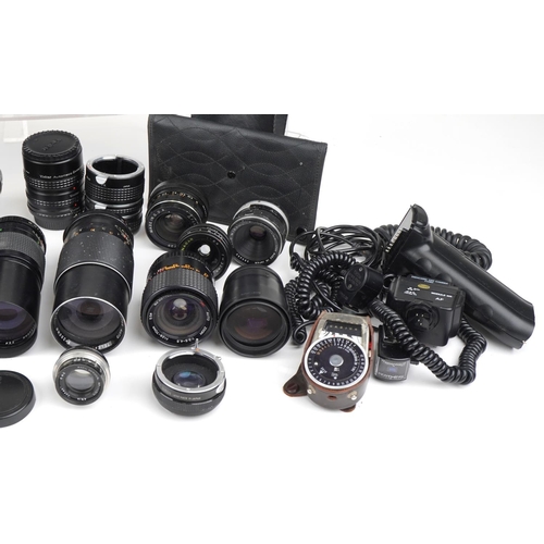 1358 - Collection of vintage and later camera lenses and accessories including Sigma, Olympus and Canon