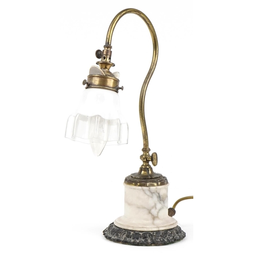 1330 - Early 20th century ornate adjustable brass and alabaster table lamp with glass shade impressed S M I... 