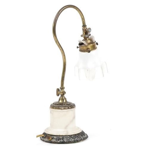 1330 - Early 20th century ornate adjustable brass and alabaster table lamp with glass shade impressed S M I... 