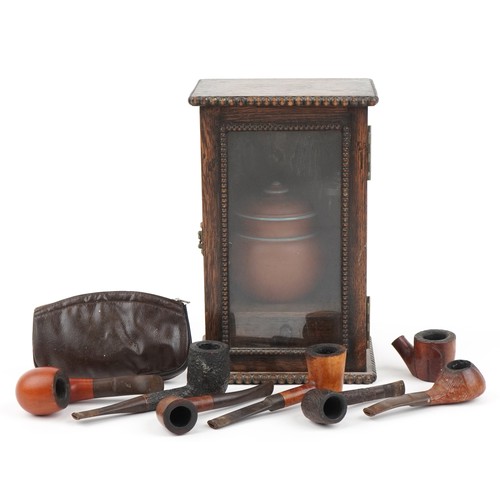 445 - Smoking collectables including an glazed oak smoker's cabinet with terracotta tobacco jar and variou... 