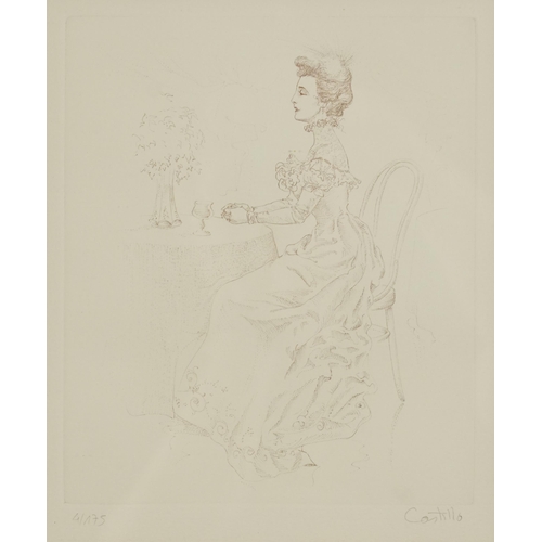 1430 - Seated female in an interior wearing Edwardian dress, print, limited edition 4/175, indistinctly sig... 