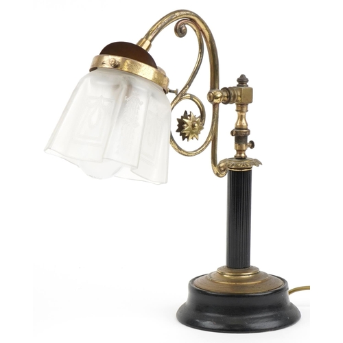 1379 - Classical ornate brass adjustable table lamp with frosted glass shade impressed Silent Night Midland... 