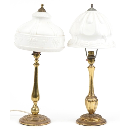 402 - Pair of early 20th century brass table lamps with white opaque glass shades, the largest 49.5cm high