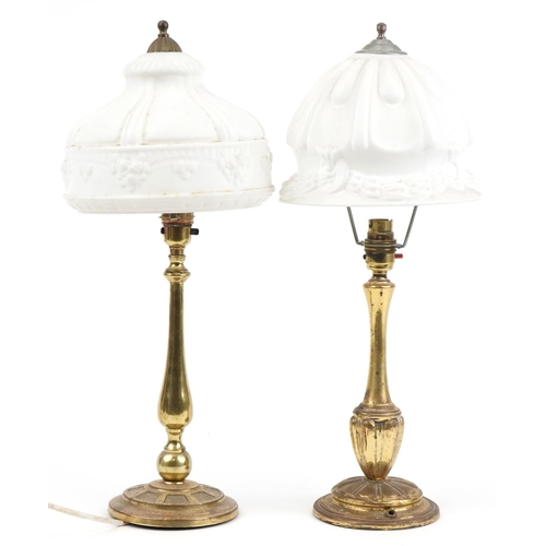 402 - Pair of early 20th century brass table lamps with white opaque glass shades, the largest 49.5cm high