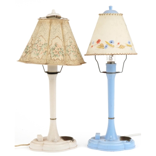 1566 - Two Art Deco plastic table lamps with shades including one hand painted with flowers, the largest 49... 