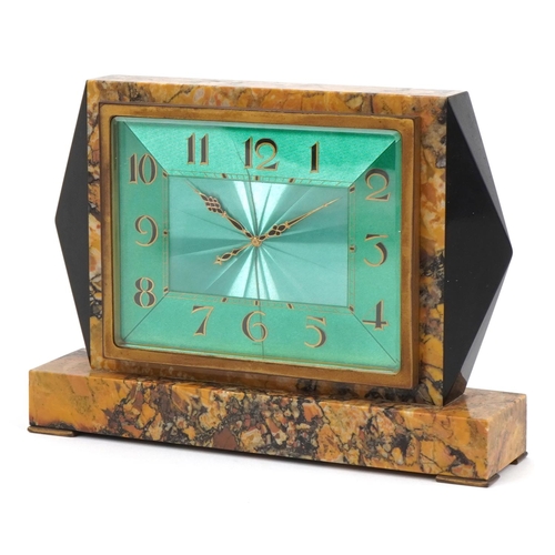 348 - Good Art Deco marble and black slate mantle clock with green engine turned dial having Arabic numera... 