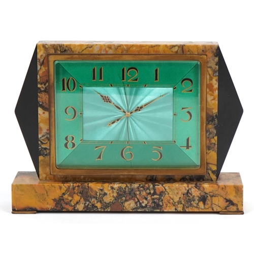 348 - Good Art Deco marble and black slate mantle clock with green engine turned dial having Arabic numera... 