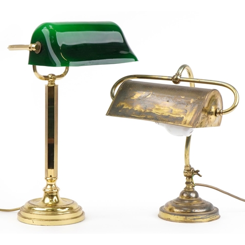 1574 - Two early 20th century and later adjustable brass banker's lamps, one with green glass shade, the la... 